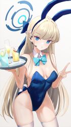 Rule 34 | 1girl, absurdres, animal ears, bare shoulders, blonde hair, blue archive, blue eyes, blue hairband, blue leotard, bow, bowtie, braid, breasts, cherry, closed mouth, covered navel, cucumber, cucumber slice, cup, detached collar, drink, drinking glass, earpiece, food, french braid, fruit, gluteal fold, groin, hairband, halo, highleg, highleg leotard, highres, holding, holding tray, karuushi, leotard, long hair, medium breasts, microphone, official alternate costume, official alternate hairstyle, playboy bunny, rabbit ears, rabbit tail, simple background, solo, tail, thighhighs, toki (blue archive), toki (bunny) (blue archive), tray, v, very long hair, white background, white thighhighs, wide hips