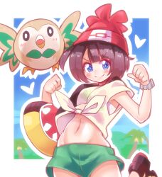 1girl animal bag bird black_footwear black_hair blue_eyes blush breasts cloud creatures_(company) ditienan_ddn floral_print game_freak gen_7_pokemon green_shorts hat heart highres looking_at_viewer midriff navel nintendo owl palm_tree pokemon pokemon_(creature) pokemon_sm print_shirt red_hat rowlet selene_(pokemon) shirt shoes short_hair short_sleeves shorts sky small_breasts smile standing standing_on_one_leg tied_shirt tree white_shirt z-ring