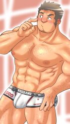 Rule 34 | 1boy, abs, arm hair, back hair, bara, barukanon0923, beard, beard stubble, boxer briefs, bulge, chest hair, clothes writing, cross scar, facial hair, finger to cheek, finger under clothes, hairy, hand hair, highres, houzouin oniwaka, knuckle hair, large pectorals, leg hair, long sideburns, male focus, male underwear, mature male, motion lines, muscular, muscular male, navel, nipples, pectorals, print male underwear, puckered lips, scar, scar on face, scar on forehead, short hair, shy, sideburns, solo, stomach, strongman waist, stubble, thick eyebrows, thick thighs, thighs, tokyo houkago summoners, topless male, underwear, white male underwear