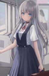 Rule 34 | 1girl, absurdres, bag, blue eyes, blurry, blurry background, blush, book, choker, collarbone, day, grey hair, hair ornament, hairclip, highres, holding, holding book, long hair, looking at viewer, original, outstretched arm, school bag, school uniform, shirt tucked in, short sleeves, skirt, smile, solo, suspender skirt, suspenders, tanshio, train interior, very long hair, window