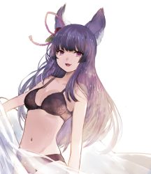 Rule 34 | 1girl, :d, animal ears, bare arms, bare shoulders, black bra, black panties, bra, breasts, cleavage, collarbone, commentary request, cowboy shot, erune, fang, granblue fantasy, hair ornament, highres, leaf hair ornament, long hair, looking at viewer, medium breasts, navel, open mouth, panties, purple eyes, purple hair, see-through, sidelocks, simple background, smile, solo, stomach, underwear, underwear only, very long hair, white background, yuel (granblue fantasy), yupi (yuyupiko01)