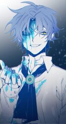 Rule 34 | 1boy, 3cnfw, ascot, bags under eyes, blood, blue ascot, blue blood, blue hair, blue nails, blue theme, chesed (project moon), collared shirt, highres, lobotomy corporation, long sleeves, looking to the side, male focus, one eye closed, parted bangs, parted lips, project moon, shirt, smile, solo, upper body, white shirt, yellow eyes