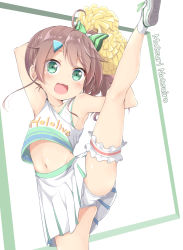 Rule 34 | 1girl, ahoge, armpits, arms behind head, arms up, blue eyes, blush, brown hair, cameltoe, character name, cheerleader, copyright name, female focus, hair ornament, hairclip, highres, hololive, bridal garter, leg up, looking at viewer, medium hair, midriff, natsuiro matsuri, navel, open mouth, panties, pirason, pom pom (cheerleading), shoes, side ponytail, simple background, solo, underwear, virtual youtuber, white panties