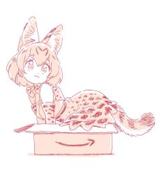 Rule 34 | 10s, 1girl, :3, all fours, animal ears, bare shoulders, bow, bowtie, box, closed mouth, commentary, elbow gloves, from side, gloves, in box, in container, kemono friends, looking at viewer, mitsumoto jouji, monochrome, serval (kemono friends), serval print, serval tail, shirt, short hair, simple background, skirt, sleeveless, sleeveless shirt, solo, tail, white background