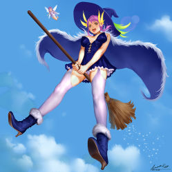 Rule 34 | 2girls, ankle boots, ariverkao, blue eyes, boots, breasts, breasts apart, broom, broom riding, cape, choker, cleavage, cloud, day, dress, fairy, flying, fur-trimmed boots, fur trim, garter straps, hat, high heel boots, high heels, large breasts, multiple girls, open mouth, original, outdoors, panties, pantyshot, purple hair, shoe soles, short hair, sky, strapless, strapless dress, thighhighs, underwear, witch hat