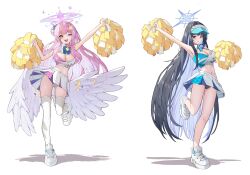 Rule 34 | 2girls, absurdres, angel wings, black hair, blue archive, blue eyes, blue ribbon, blue skirt, blush, breasts, cheering, cheerleader, cleavage, colored inner hair, commentary request, detached collar, diamond hair ornament, eyeshadow, feathered wings, full body, hair bun, hair ornament, hair scrunchie, halo, highres, josal, korean commentary, large breasts, long hair, looking at viewer, makeup, midriff, mika (blue archive), millennium cheerleader outfit (blue archive), multicolored clothes, multicolored hair, multicolored skirt, multiple girls, navel, neck ribbon, open mouth, panties, pantyshot, pink hair, pleated skirt, pom pom (cheerleading), red eyeshadow, ribbon, saori (blue archive), scrunchie, shadow, shoes, simple background, single side bun, skirt, smile, sneakers, standing, standing on one leg, star (symbol), star hair ornament, stomach, sweatdrop, teeth, thigh gap, thighhighs, underwear, upper teeth only, very long hair, visor cap, white background, white skirt, white thighhighs, white wings, wings, yellow eyes