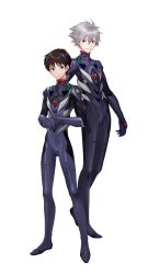 Rule 34 | 2boys, artist request, blue bodysuit, bodysuit, brown eyes, closed mouth, collar, evangelion: 3.0 you can (not) redo, final gear, full body, grey hair, hair ornament, hairpods, highres, ikari shinji, interface headset, interlocked fingers, knees, legs, legs apart, legs together, long sleeves, looking at viewer, looking to the side, male focus, multicolored bodysuit, multicolored clothes, multiple boys, nagisa kaworu, neon genesis evangelion, official art, own hands together, pilot suit, rebuild of evangelion, red collar, short hair, simple background, skin tight, smile, standing, tachi-e, third-party source, transparent background, two-tone sleeves