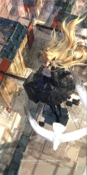 Rule 34 | 1girl, artist name, bird, black dress, black footwear, blonde hair, blurry, building, city, commentary request, copyright name, dress, fantasy, floating hair, from above, highres, horns, long hair, pixiv fantasia, pixiv fantasia age of starlight, sail, solo focus, standing, suitcase, swd3e2, very long hair