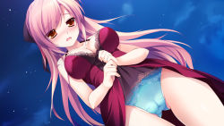 Rule 34 | 1girl, blue panties, blush, breasts, cleavage, clothes lift, cloud, dress, dutch angle, female focus, game cg, gradient background, hime-sama love life!, large breasts, long hair, mikeou, night, panties, pink hair, princess sugar (company), ratifa (hime-sama love life!), red eyes, skirt, skirt lift, sky, solo, star (symbol), tagme, thigh gap, underwear