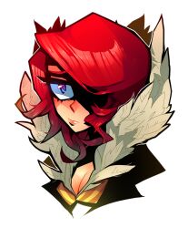 Rule 34 | 1girl, blue eyes, breasts, cleavage, closed mouth, fur trim, raised eyebrows, red (transistor), red hair, solo, transistor (game), upper body, white background, zukich