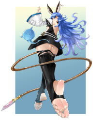 Rule 34 | 1girl, animal ear fluff, animal ears, ass, back, backless outfit, belt, black choker, black thighhighs, blue hair, blush, border, breasts, butt crack, center opening, choker, cosplay, detached sleeves, dizzy (guilty gear), dizzy (guilty gear) (cosplay), earrings, eiji (eiji), erune, feet, ferry (granblue fantasy), foot focus, foreshortening, full body, ghost, granblue fantasy, granblue fantasy versus, granblue fantasy versus: rising, guilty gear, guilty gear xrd, hair between eyes, highres, holding, holding weapon, holding whip, jewelry, long hair, medium breasts, nicola (granblue fantasy), showgirl skirt, skindentation, solo, stirrup legwear, thick thighs, thigh strap, thighhighs, thighs, toeless legwear, underboob, upskirt, weapon, whip, white border, wide sleeves, wolf ears