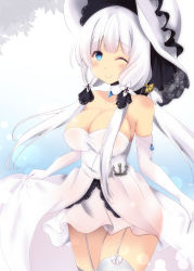 Rule 34 | 1girl, ;), azur lane, blue eyes, breasts, choker, cleavage, clothes lift, commentary request, dress, dress lift, elbow gloves, gloves, hat, highres, illustrious (azur lane), long hair, looking at viewer, low twintails, mole, mole under eye, off-shoulder dress, off shoulder, one eye closed, purunyara, smile, solo, sun hat, twintails, white dress, white hair