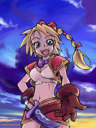 Rule 34 | 1girl, belt, blonde hair, blue sky, braid, brown gloves, chrono (series), chrono cross, cloud, gloves, green eyes, kid (chrono cross), looking at viewer, lowres, morning, multi-tied hair, open mouth, outdoors, ponytail, single braid, sky, solo, sunrise