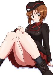 Rule 34 | 1girl, ankle boots, black footwear, black hat, black jacket, black socks, boots, brown eyes, brown hair, closed mouth, commentary, dress shirt, garrison cap, girls und panzer, hand on own knee, hat, highres, insignia, jacket, kuromorimine military uniform, long sleeves, looking at viewer, meiya, military, military hat, military uniform, miniskirt, nishizumi miho, pleated skirt, red shirt, red skirt, shadow, shirt, short hair, simple background, sitting, skirt, smile, socks, solo, uniform, white background, wing collar