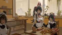 Rule 34 | !, 5girls, :o, animal ears, apron, bear ears, bear girl, black dress, black hair, blush, book, book stack, breasts, brown hair, cafe, cake, cake slice, cat ears, cat girl, chair, cinnamon roll, cleavage, commentary request, counter, cup, dark-skinned female, dark skin, dress, food, fork, fruit, green eyes, hair ornament, hair scrunchie, hand on own cheek, hand on own face, hanging plant, head rest, highres, holding, holding fork, holding tray, indoors, juliet sleeves, large breasts, long hair, long sleeves, looking at viewer, maid, maid apron, maid headdress, menu, multiple girls, neck ribbon, original, parted lips, pink scrunchie, plant, potted plant, puffy sleeves, rabbit ears, rabbit girl, red ribbon, ribbon, saucer, scrunchie, side ponytail, sitting, smile, spoken exclamation mark, strawberry, table, teacup, tray, waist apron, white apron, window, wudongyouyi, yellow eyes
