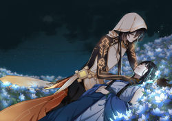 Rule 34 | 1boy, 1girl, :|, absurdres, alternate costume, arm pillow, arm tattoo, bare shoulders, black hair, blue dress, blue flower, brown hair, chinese clothes, chinese commentary, cloak, closed eyes, closed mouth, cloud, cloudy sky, coat, day, dress, flower, flower ornament, gem, genshin impact, glaze lily, gradient hair, guizhong (genshin impact), hair between eyes, hair flower, hair ornament, hand on another&#039;s chest, hanfu, highres, hood, hood up, hooded cloak, hooded coat, jewelry, light, lips, long hair, long sleeves, moon, multicolored hair, nature, necklace, open mouth, outdoors, own hands together, ponytail, rex lapis (genshin impact), sidelocks, sky, sleeveless, star (sky), tattoo, tingke, white coat, wide sleeves, yellow eyes, zhongli (archon) (genshin impact), zhongli (genshin impact)