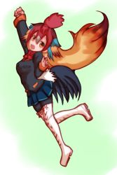 Rule 34 | 10s, 1girl, blonde hair, blue hair, boots, bow, bowtie, brown hair, feathered wings, feathers, full body, kain ty, kemono friends, long hair, miniskirt, multicolored hair, open mouth, orange eyes, pantyhose, red hair, red junglefowl (kemono friends), skirt, solo, teeth, wings