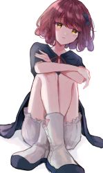 Rule 34 | 1girl, black bow, bloomers, blue dress, blush, bow, closed mouth, dress, hair bow, hair ornament, highres, knees up, looking at viewer, lou (shadows house), mametarou (mameji), red hair, red ribbon, ribbon, shadows house, shoes, short hair, simple background, sitting, solo, underwear, white background, white bloomers, yellow eyes