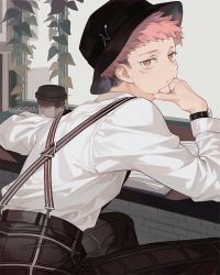 Rule 34 | 1boy, alternate costume, black headwear, book, coffee cup, cup, disposable cup, facial mark, holding, holding cup, indoors, itadori yuuji, jewelry, jujutsu kaisen, long sleeves, looking at viewer, male focus, open book, pants, pink hair, plaid, plaid pants, ring, shirt, spiked hair, watch, white shirt, wristwatch, xiaojiaju, yellow eyes