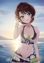 Rule 34 | 1girl, aqua eyes, belt, bikini, black bikini, black shorts, blue sky, blurry, blurry background, blush, bow, bracelet, breasts, brown hair, cleavage, collarbone, cowboy shot, depth of field, eyelashes, gradient sky, hand up, highleg, highleg swimsuit, highres, hololive, hololive summer 2023 swimsuit, jewelry, looking at viewer, medium breasts, multicolored bikini, multicolored clothes, navel, oozora subaru, open mouth, orange sky, outdoors, parted bangs, short hair, shorts, sidelocks, sky, solo, stomach, sunset, swimsuit, taachika, teeth, upper teeth only, virtual youtuber, wet, white belt, white bikini, yellow bikini, yellow bow