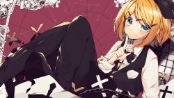 Rule 34 | 1girl, aqua eyes, black bow, black bowtie, black legwear, black vest, blonde hair, bow, bowtie, chain, commentary request, cross, cross necklace, cross print, finger to mouth, hair bow, hair ornament, hairclip, highres, index finger raised, jewelry, kagamine rin, knees up, looking at viewer, manya sora, necklace, pants, shirt, short hair, sitting, smile, solo, swept bangs, vest, vocaloid, white shirt