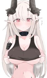 Rule 34 | 1girl, absurdres, arknights, black horns, blush, breasts, closed mouth, ear piercing, flying sweatdrops, grey hair, highres, horns, infection monitor (arknights), large breasts, lifted by self, long hair, material growth, midriff, mudrock (arknights), navel, nui (nuinui0300), oripathy lesion (arknights), piercing, pink eyes, pointy ears, simple background, solo, sweatdrop, upper body, white background