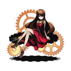 Rule 34 | 10s, 1girl, alpha transparency, blue eyes, brown hair, collarbone, divine gate, dress, full body, high heels, jewelry, crossed legs, long hair, looking at viewer, makise kurisu, necklace, official art, red dress, sitting, sleeveless, sleeveless dress, solo, steins;gate, transparent background, ucmm, very long hair