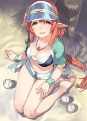 Rule 34 | 1girl, 92m, bare shoulders, baseball, bikini, black bikini, blue eyes, blue hat, blue shirt, blush, braid, braided ponytail, breasts, cleavage, collarbone, elf, feet, from above, hat, highres, jewelry, lap pillow invitation, large breasts, legs, long hair, looking at viewer, medium breasts, misato (princess connect!), navel, necklace, open clothes, open mouth, open shirt, orange hair, pointy ears, princess connect!, shirt, short shorts, short sleeves, shorts, sidelocks, sitting, smile, solo, swimsuit, visor cap, white shorts