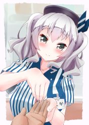 Rule 34 | 1girl, beret, black headwear, commentary request, employee uniform, grey eyes, hat, holding hands, id card, kantai collection, kashima (kancolle), lawson, looking at viewer, shirt, sidelocks, silver hair, solo focus, store clerk, striped clothes, striped shirt, twintails, uniform, upper body, vertical-striped clothes, vertical-striped shirt, wavy hair, yokoshima (euphoria)