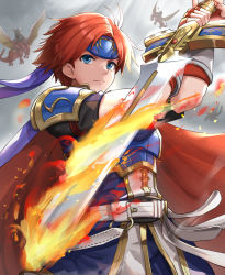 Rule 34 | armor, belt, binding blade (weapon), blue armor, blue eyes, cape, dragon, fingerless gloves, fire emblem, fire emblem: the binding blade, flaming sword, flaming weapon, frown, furrowed brow, gloves, gonzarez, headband, highres, knight, nintendo, polearm, red cape, red hair, reverse grip, roy (fire emblem), spear, weapon, wyvern