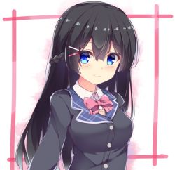 Rule 34 | 1girl, black hair, black jacket, blazer, blue eyes, blush, bow, bowtie, braid, breasts, closed mouth, collared shirt, commentary request, fuuna, hair between eyes, hair ornament, hairclip, jacket, long hair, looking at viewer, medium breasts, nijisanji, pink bow, pink bowtie, shirt, smile, solo, sweater, tsukino mito, tsukino mito (1st costume), upper body, very long hair, virtual youtuber, white shirt