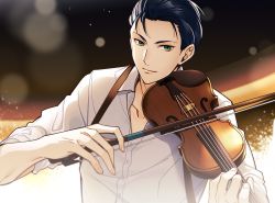 Rule 34 | 1boy, black hair, collared shirt, fate/grand order, fate (series), formal, green eyes, instrument, long sleeves, male focus, miyamakoume, open clothes, open shirt, sherlock holmes (fate), sherlock holmes (formal dress) (fate), shirt, short hair, sleeves rolled up, solo, suit, upper body, violin, white shirt