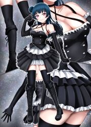 Rule 34 | 1girl, arm at side, ass, bare shoulders, black footwear, black gloves, black skirt, black thighhighs, blue hair, blunt bangs, boots, breasts, buttons, choppy bangs, cleavage, clenched hand, closed mouth, commentary request, criss-cross halter, cross-laced footwear, double-breasted, elbow gloves, frilled gloves, frilled skirt, frills, gloves, goth fashion, hair bun, halter shirt, halterneck, high heel boots, high heels, highres, idol clothes, knee boots, lace-up boots, long hair, long skirt, looking at viewer, love live!, love live! sunshine!!, medium breasts, miniskirt, multiple views, overskirt, pink eyes, side up bun, single side bun, skirt, surv1v3-13005993, thighhighs, tsushima yoshiko, v over eye, white skirt, zero escape: toki no jirenma