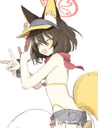 Rule 34 | 1girl, abara heiki, animal ear fluff, animal ears, bare arms, bare shoulders, bikini, black hair, blue archive, blush, breasts, closed eyes, cowboy shot, denim, denim shorts, double fox shadow puppet, fox ears, fox shadow puppet, fox tail, grey shorts, hair between eyes, halo, izuna (blue archive), izuna (swimsuit) (blue archive), open mouth, pink halo, short hair, short shorts, shorts, simple background, small breasts, smile, solo, striped bikini, striped clothes, swimsuit, tail, white background