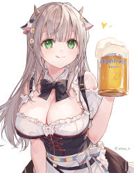 Rule 34 | 1girl, :q, alcohol, animal ears, apron, beer, beer mug, black bow, black bowtie, blush, bow, bowtie, breasts, brown skirt, character name, commentary, copyright name, corset, cow ears, cow horns, cup, detached collar, dirndl, eikaa, flower, german clothes, green eyes, hair flower, hair ornament, hand up, heart, holding, holding cup, hololive, horns, large breasts, long hair, looking at viewer, mug, shirogane noel, shirogane noel (dirndl), short sleeves, silver hair, simple background, skirt, solo, symbol-only commentary, tongue, tongue out, twitter username, upper body, virtual youtuber, white apron, white background, white flower