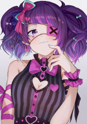 Rule 34 | 1girl, absurdres, arm ribbon, bare shoulders, belt, black belt, black dress, blush, breasts, broken heart, cleavage, cleavage cutout, clothing cutout, diagonal bangs, dress, earrings, eyepatch, facial mark, gradient background, grey background, hair ribbon, heart, heart belt, heart facial mark, highres, idolmaster, idolmaster shiny colors, jewelry, long hair, looking at viewer, medium breasts, neck ribbon, pink ribbon, purple eyes, purple hair, ribbon, ryo---ta, scrunchie, short twintails, simple background, sleeveless, sleeveless dress, smile, solo, striped clothes, striped dress, tanaka mamimi, twintails