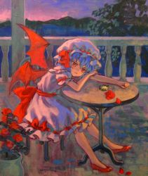 Rule 34 | 1girl, acrylic paint (medium), ama-tou, balcony, bat wings, blue hair, bored, chair, female focus, flower, full body, hat, high heels, highres, leaf, lonely, no socks, painting (medium), pocket watch, pumps, red eyes, remilia scarlet, rose, short hair, sitting, solo, stopwatch, table, touhou, traditional media, watch, wings