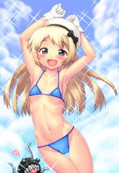 Rule 34 | 1girl, armpits, arms up, bikini, blonde hair, blue bikini, blue eyes, blue sky, cloud, cowboy shot, day, enemy naval mine (kancolle), flat chest, gloves, hase yu, hat, jervis (kancolle), kantai collection, long hair, navel, open mouth, sailor hat, sky, solo, sparkle, swimsuit, thigh gap, white gloves, white hat