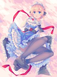 Rule 34 | 1girl, abstract background, alice margatroid, arm up, ascot, black ascot, black footwear, black pantyhose, blonde hair, blue dress, blue eyes, capelet, commentary, dress, elbow gloves, foreshortening, frilled skirt, frills, gloves, hair ribbon, hairband, highres, holding, holding ribbon, knees up, loafers, lolita hairband, looking at viewer, mechrailgun, open mouth, pantyhose, petticoat, pink background, red ribbon, ribbon, sash, shoes, short hair, skirt, solo, touhou, white capelet, white gloves