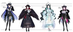 Rule 34 | 4girls, absurdres, angel wings, aradia ravencroft, black dress, black hair, black wings, blush, breasts, colored inner hair, demon girl, dress, fingerless gloves, fur trim, gloves, hand on own face, height chart, highres, hololive, hololive english, large breasts, long hair, looking at viewer, malpha ravencroft, mamarissa ravencroft, mature female, mother and daughter, multicolored hair, multiple girls, nerissa ravencroft, nerissa ravencroft (1st costume), pink eyes, red eyes, siblings, sisters, translation request, very long hair, virtual youtuber, white background, white dress, white wings, wings, yomosaka