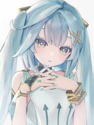 Rule 34 | 1girl, absurdres, aqua hair, aqua nails, arrow print, bare shoulders, bracelet, breasts, clothing cutout, commentary request, cowlick, dress, faruzan (genshin impact), genshin impact, green eyes, hair ornament, highres, jewelry, long hair, looking at viewer, neck ring, open mouth, short sleeves, shoulder cutout, simple background, sleeveless, sleeveless dress, small breasts, solo, symbol-shaped pupils, triangle-shaped pupils, tsurime, twintails, upper body, ura (hamburg oniku), white background, white dress, wristlet, x hair ornament