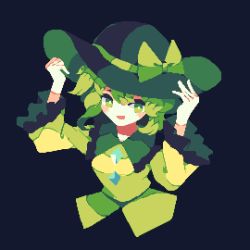 Rule 34 | 1girl, 4qw5, :d, black hat, blue background, bow, bright pupils, cropped torso, green eyes, green hair, hands on headwear, hat, hat bow, highres, komeiji koishi, long sleeves, looking at viewer, open mouth, pixel art, shirt, short hair, simple background, smile, solo, touhou, white pupils, yellow bow, yellow shirt