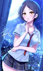 Rule 34 | 10s, 1girl, black hair, blush, breasts, cleavage, dutch angle, earrings, full moon, glowing, hayami kanade, idolmaster, idolmaster cinderella girls, jewel (the black canvas), jewelry, looking at viewer, moon, necklace, necktie, parted bangs, pleated skirt, school uniform, short hair, signature, skirt, solo, sparkle, yellow eyes