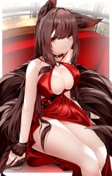 Rule 34 | 1girl, absurdres, akagi (azur lane), akagi (ruby-laced beauty) (azur lane), animal ear fluff, animal ears, azur lane, black gloves, breasts, brown hair, choker, cleavage, cleavage cutout, clothing cutout, commentary, couch, criss-cross halter, fingerless gloves, fox ears, fox girl, fox tail, gloves, grin, halterneck, highres, kitsune, kyuubi, large breasts, long hair, looking at viewer, multiple tails, o-ring, o-ring top, official alternate costume, on couch, red eyes, samip, sitting, smile, solo, tail, teeth, thighs, very long hair