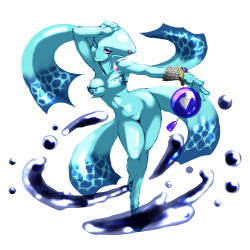 Rule 34 | 1girl, absurdres, aged up, blue skin, bracelet, colored skin, earrings, fish girl, hand on own head, highres, hyrule warriors, jewelry, kous (onetwojustice), looking at viewer, monster girl, nintendo, one eye closed, pointy ears, princess ruto, simple background, sketch, solo, the legend of zelda, the legend of zelda: ocarina of time, water, zora