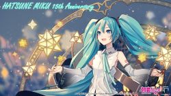 Rule 34 | 1girl, anniversary, aqua eyes, aqua hair, aqua ribbon, bare shoulders, character name, commentary, crypton future media, detached sleeves, glowing, hair ornament, hatsune miku, hatsune miku (nt), headphones, ixima, layered sleeves, long hair, neck ribbon, night, night sky, official art, open mouth, outstretched arms, piapro, ribbon, see-through, see-through sleeves, shirt, shoulder tattoo, sky, sleeveless, sleeveless shirt, small stellated dodecahedron, smile, solo, star (sky), star (symbol), star print, stellated octahedron, tattoo, twintails, upper body, very long hair, vocaloid, white shirt, white sleeves
