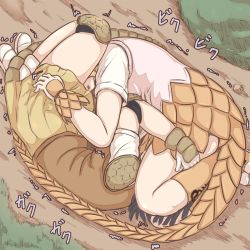 Rule 34 | 2girls, 69, armadillo tail, black hair, blonde hair, boots, brown vest, commentary, elbow pads, giant armadillo (kemono friends), giant pangolin (kemono friends), head between knees, highres, kemono friends, knee boots, lying, multiple girls, okyao, on ground, on side, pangolin tail, pink vest, scared, short hair, short sleeves, shoulder pads, skirt, tail, trembling, vest, wrist guards, yellow skirt, yuri