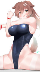 Rule 34 | 1girl, animal ears, bare shoulders, blue one-piece swimsuit, bone hair ornament, breasts, brown eyes, brown hair, c@rbon, cameltoe, competition swimsuit, dog ears, dog girl, flexible, groin, hair between eyes, hair ornament, highleg, highleg swimsuit, highres, hololive, inugami korone, large breasts, long hair, one-piece swimsuit, ponytail, school swimsuit, shiny clothes, skindentation, solo, split, spread legs, stretching, swimsuit, thighhighs, virtual youtuber, white thighhighs