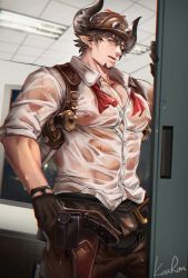 Rule 34 | 1boy, anjingkuxiao, bara, barawa, brown eyes, brown hair, brown pants, bulge, covered erect nipples, draph, facial hair, goatee, granblue fantasy, highres, horns, indoors, large pectorals, looking at viewer, male focus, mature male, muscular, muscular male, pants, partially unbuttoned, pectoral cleavage, pectorals, penis, penis peek, pointy ears, see-through, shirt, short hair, sleeves rolled up, solo, wet, wet clothes, wet shirt, white shirt