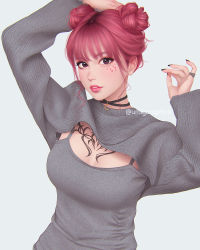 Rule 34 | 1girl, arm up, breasts, camisole, chest tattoo, choker, double bun, facial mark, hair bun, heart, highres, jewelry, lips, looking at viewer, medium breasts, nail polish, original, pink eyes, pink hair, ring, short hair, shrug (clothing), solo, tattoo, umigraphics, upper body